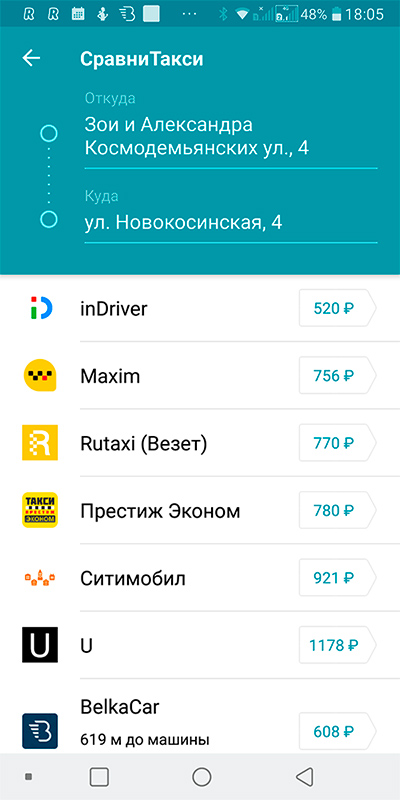 Сравнение цен на такси
